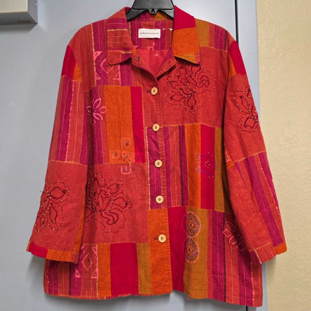 Alfred Dunner Patchwork Embroidered Beaded Jacket Red Orange Pink Women L Large